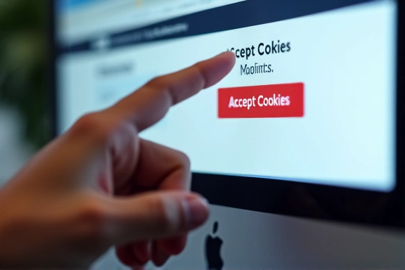 Ręka klikająca w przycisk akceptacji plików cookie na ekranie komputera